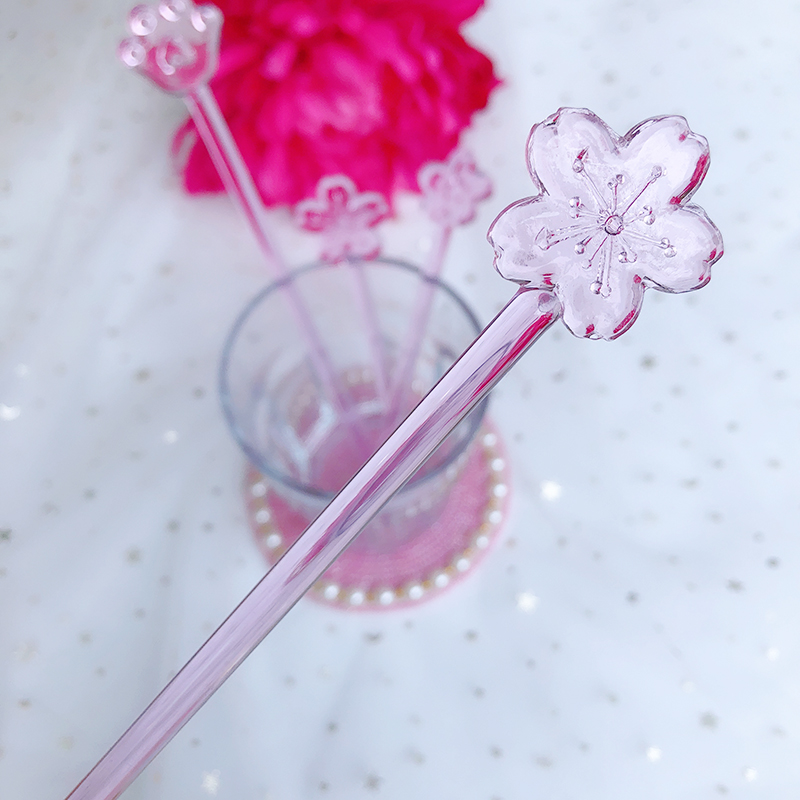 Creative Pink Teenage Girl Hearts Cute Cherry Blossom Glass Stirring Rod Fairy Transparent Coffee Milk Powder Milk Tea Juice Drink