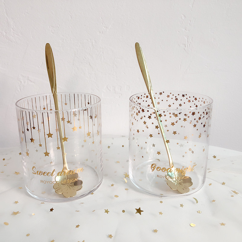 Korean version gold transparent minimalist glass cup for cup heat resistant water glass thickened coffee cup cute couple stars mug