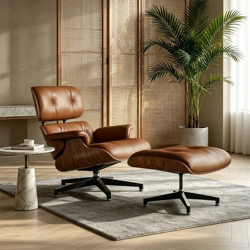 Eames Lounge Chair Italian Minimalist Living Room Swivel Single Sofa Chair Balcony Leather Leisure Chair
