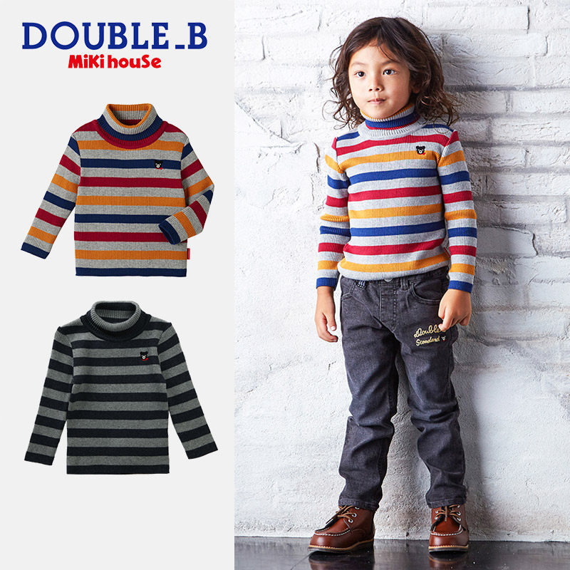 Warm Needles Weaselwear Mikihouse Double_B Small Black Bear Embroidered Striped Stitch Sweatshirt Autumn New Goods Set Goods