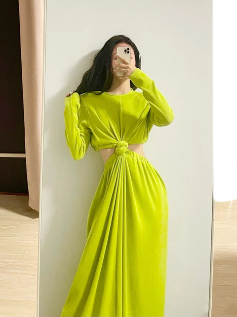 Zhao San fennel green white show waist dress women's 2022 early spring new design sense of small straight long skirt