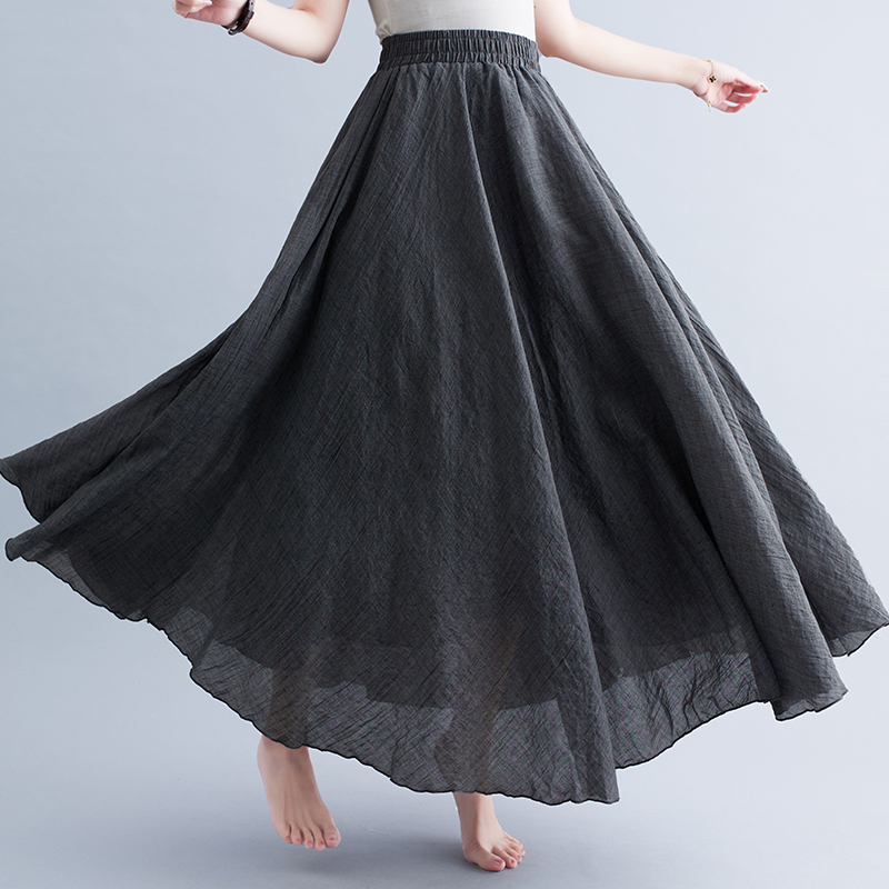 Summer Vintage Loose Solid Color Long Skirt High Waist Thin Flowing Double-Layer Gauze Skirt Cotton Linen Half Skirt for Women