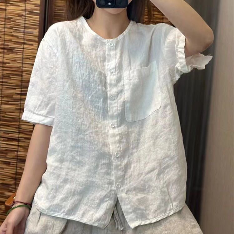 2025新款棉麻短袖衬衣,复古文艺轻松驾驭,减龄必备!👗🍃-衬衫-淘宝百科网