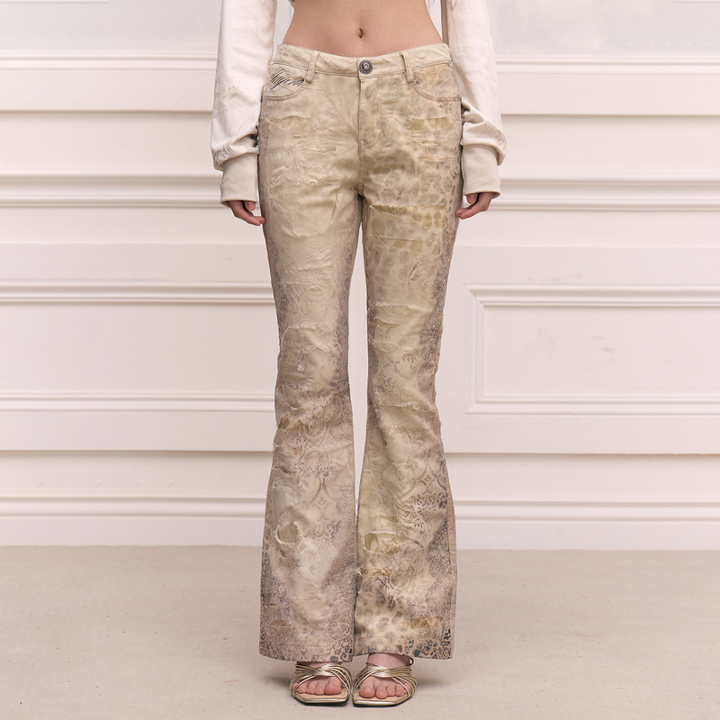 Faychui 26Ss Retro Leopard Print All-Over Flared Pants with Mesh Tear Details, Distressed Slimming Hot Girl Jeans Faychui 26Ss Retro Leopard Print All-Over Flared Pants with Mesh Tear Details, Distressed Slimming Hot Girl Jeans