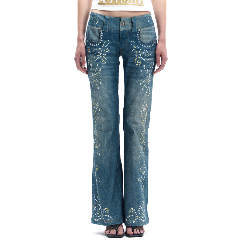 【Same Style】Faychui Millennium Retro Gemstone Print Flared Pants American Hot Girl Distressed Jeans 【Same Style】Faychui Millennium Retro Gemstone Print Flared Pants American Hot Girl Distressed Jeans