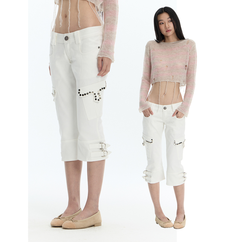Faychui Comfortable Cotton Rivet-Washed Cropped Pants Low-Waist Casual Slimming Cargo Pants with Adjustable Cuffs Faychui Comfortable Cotton Rivet-Washed Cropped Pants Low-Waist Casual Slimming Cargo Pants with Adjustable Cuffs
