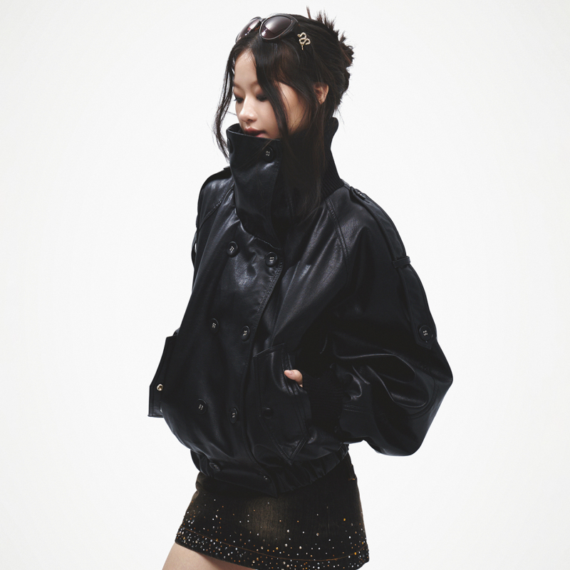 Babymonster-Asa Same Style Faychui Retro Punk Metal Button Jacket Leather Coat Fashion