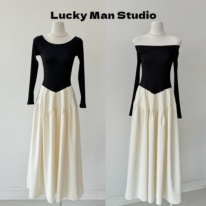 Black Off-Shoulder Dress for Women, New Autumn and Winter Style, French High-End Feel, High-Waisted, Slim-Fitting, One-Line Neckline, Elegant Long Dress