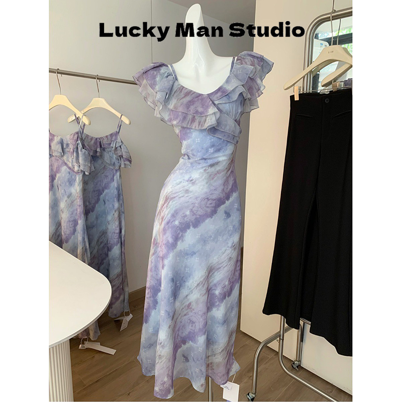 Luckyman's New Amethyst Gradient French Romantic Dress, One-Shoulder Slimming Long Dress Luckyman's New Amethyst Gradient French Romantic Dress, One-Shoulder Slimming Long Dress