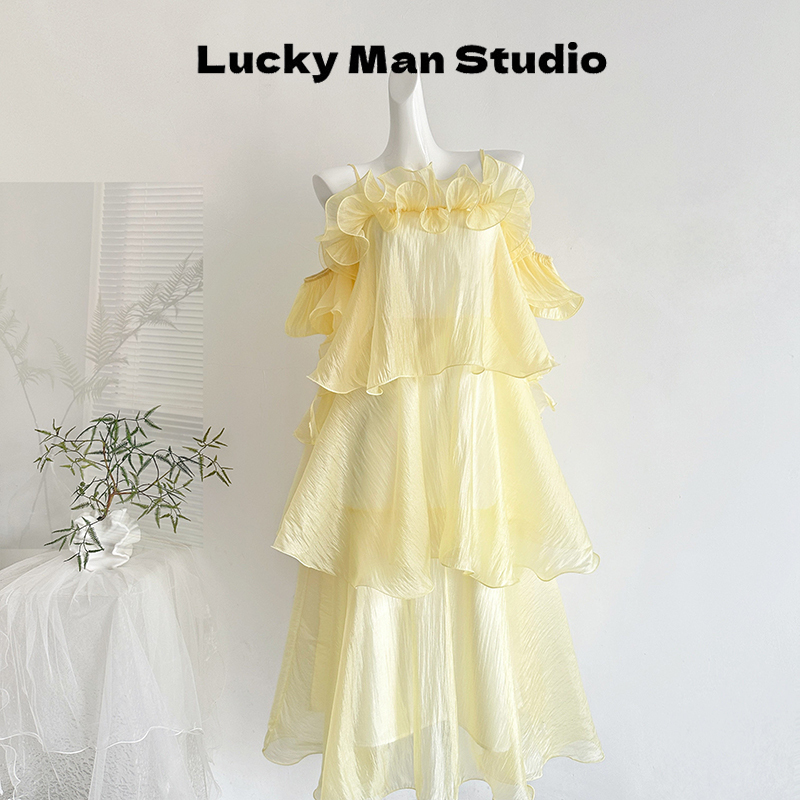 Luckyman Fairyland Bridge Atmosphere Three-Dimensional Ruffled Texture Glossy Fairy Dress Women's Dress Luckyman Fairyland Bridge Atmosphere Three-Dimensional Ruffled Texture Glossy Fairy Dress Women's Dress