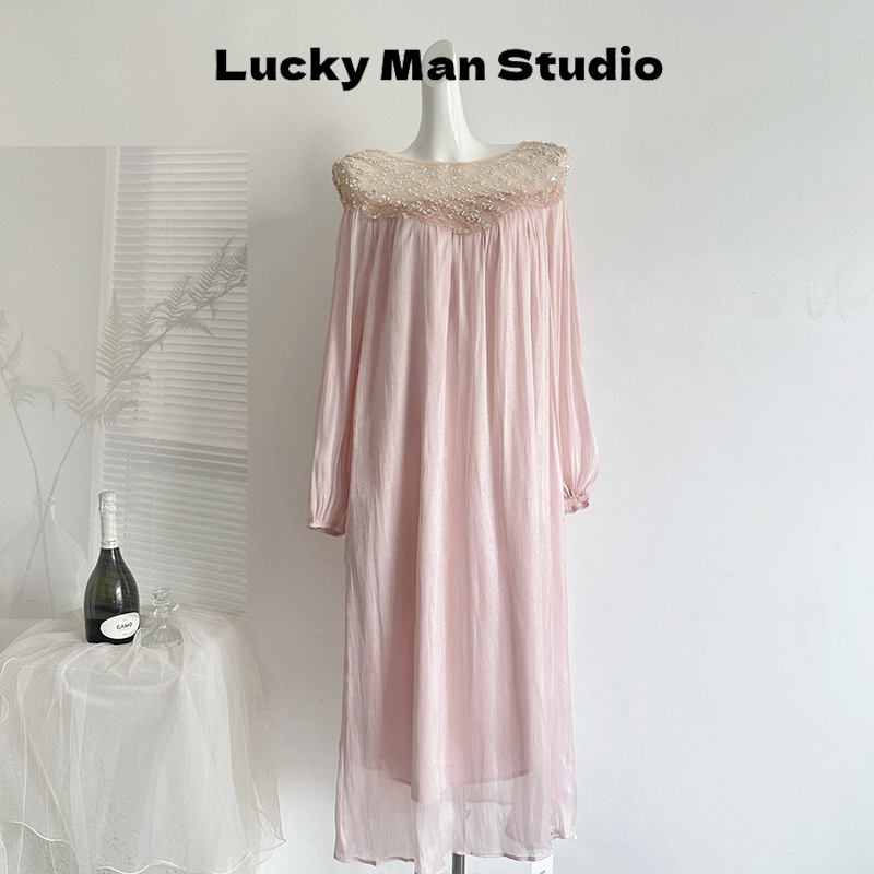 Luckyman Starlight Fall Long Sleeve Loose Long Dress with Heavy Beading and Sequins Lantern Sleeves