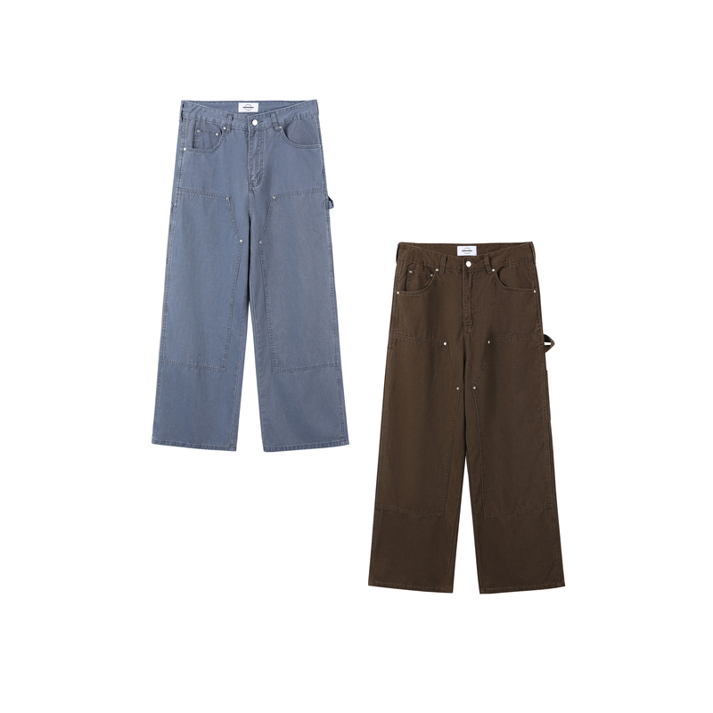 Merworks # 7.0/3 Two-Tone Washed Vintage Wide-Leg Comfortable Straight Casual Pants Workwear Double-Knee Lumberjack Pants