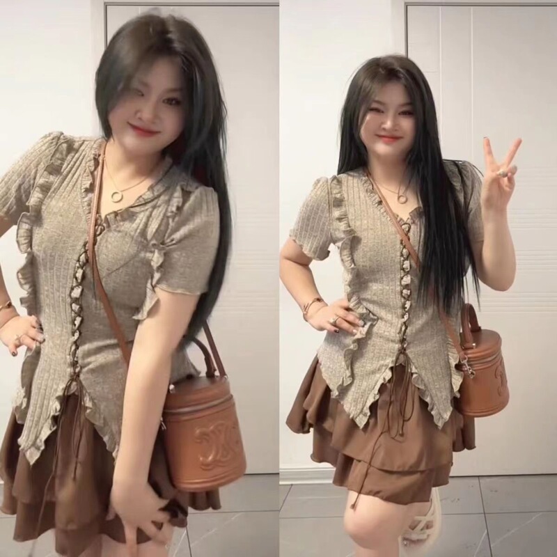Plus-Size Summer New Spicy Girl Outfit: Pure Retro Slim-Fit Top with Short Sleeves + Elegant Skirt Set