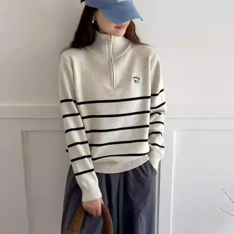 Autumn and Winter Women's Korean Style Loose Half-Zip Striped Sweater Women's Base Shirt 2025 New Outerwear Autumn and Winter Knitwear