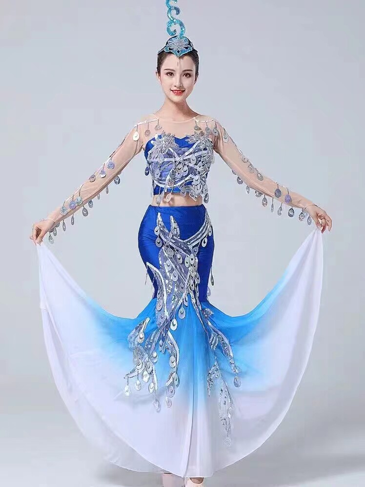 New Dai ethnic dance performance The Spirit of the water is served with peacock dance female adult bright sheet fish tail long skirt-Taobao