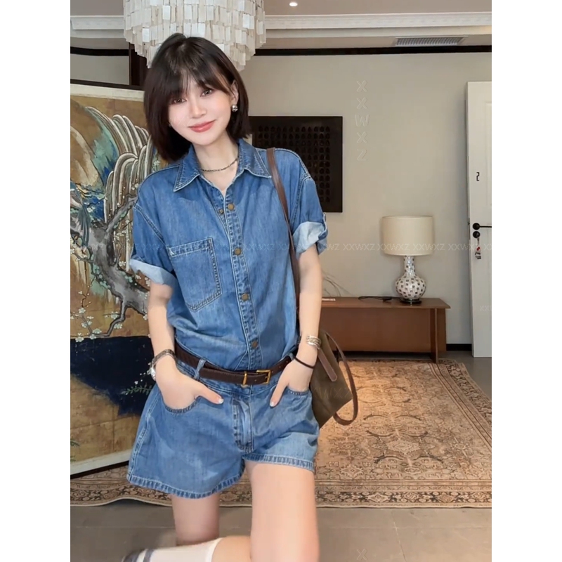 Korean Dongdaemun Summer New Design with a Hong Kong-Style American Retro Vibe, Versatile Waist-Cinching Slim-Fit Denim Jumpsuit