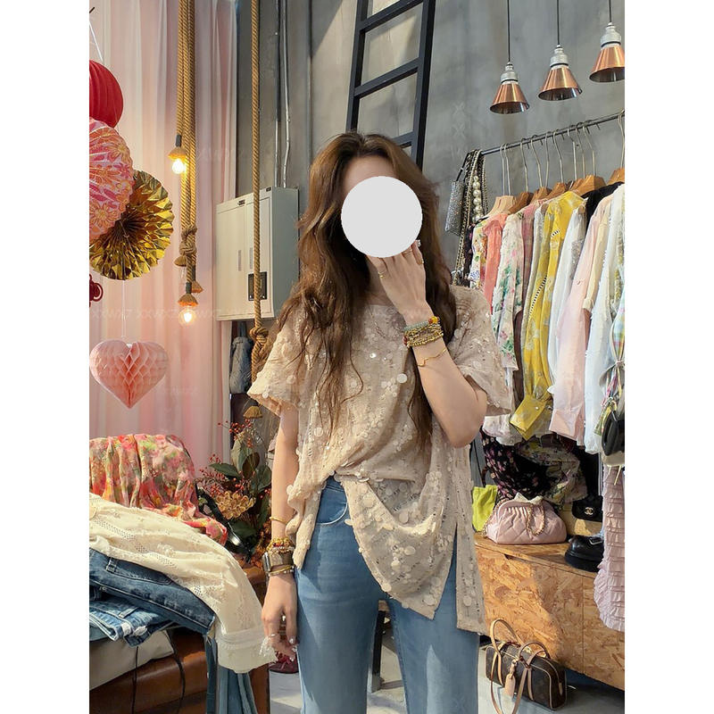 Korean Dongdaemun Summer New Fashion Niche Design Stylish Sequin Hollow-Out Ripped Knit Shirt Top