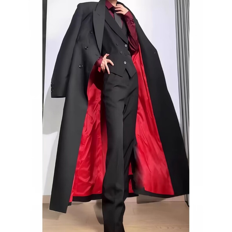 Black Spring and Autumn Trench Coat for Men, British Style, High-End Suit Collar Jacket, Black and Red Color-Blocking, Long Waist-Cinching Coat