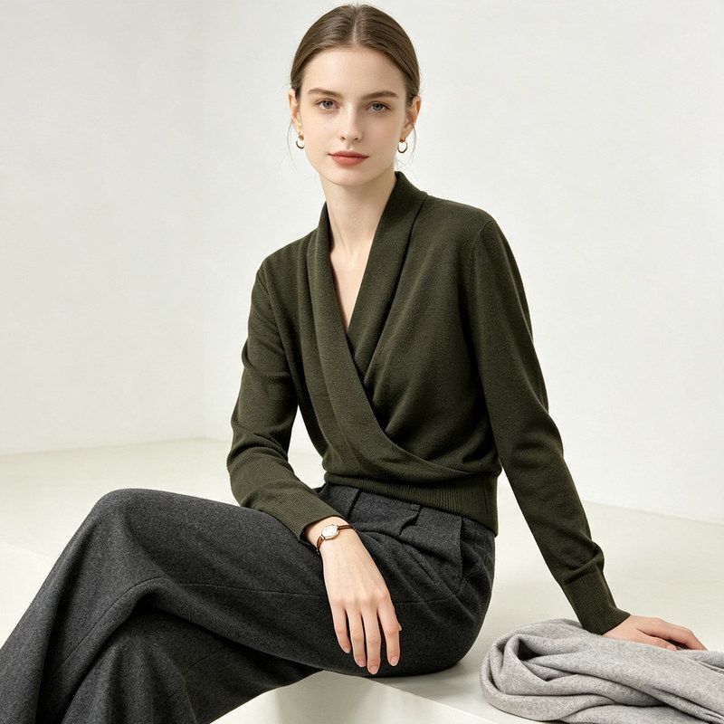Xingge Early Autumn Wrap-Style V-Neck Wool Blend Sweater for Women, Slim Fit, Suitable for Commuting, Can Be Worn Alone or as an Inner Layer Xingge Early Autumn Wrap-Style V-Neck Wool Blend Sweater for Women, Slim Fit, Suitable for Commuting, Can Be Worn Alone or as an Inner Layer