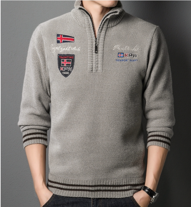 2022 Spring Stand Collar Zipper Solid Color Long Sleeve Tops Men's Knitwear Fashion Korean Style Embroidered Thick Sweater Men