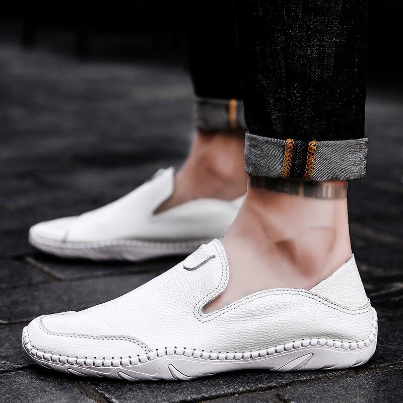 European station men's shoes white peas shoes men's large size leather soft bottom men's casual leather shoes genuine leather lazy driving shoes