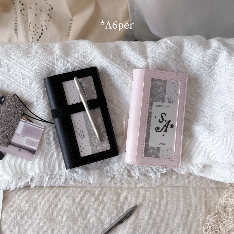 A6Per Transparent Window Loose-Leaf Notebook with Strap, Soft Leather Notebook, Samue Original Diary Notebook