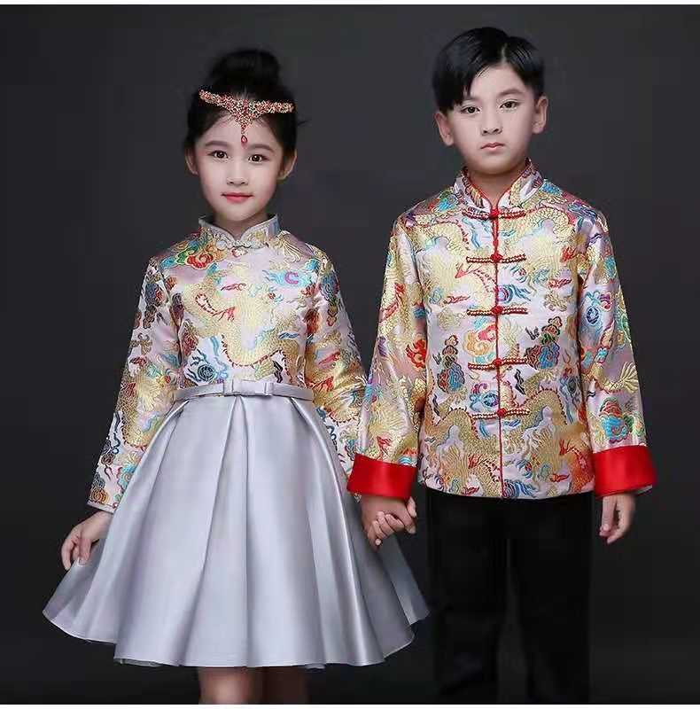 Trẻ em Tang phù hợp với bé trai phù hợp với phong cách Trung Quốc cô gái sườn xám váy công chúa Trung Quốc váy hoa cô gái guzheng trang phục - Váy trẻ em áo khoác vest bé trai