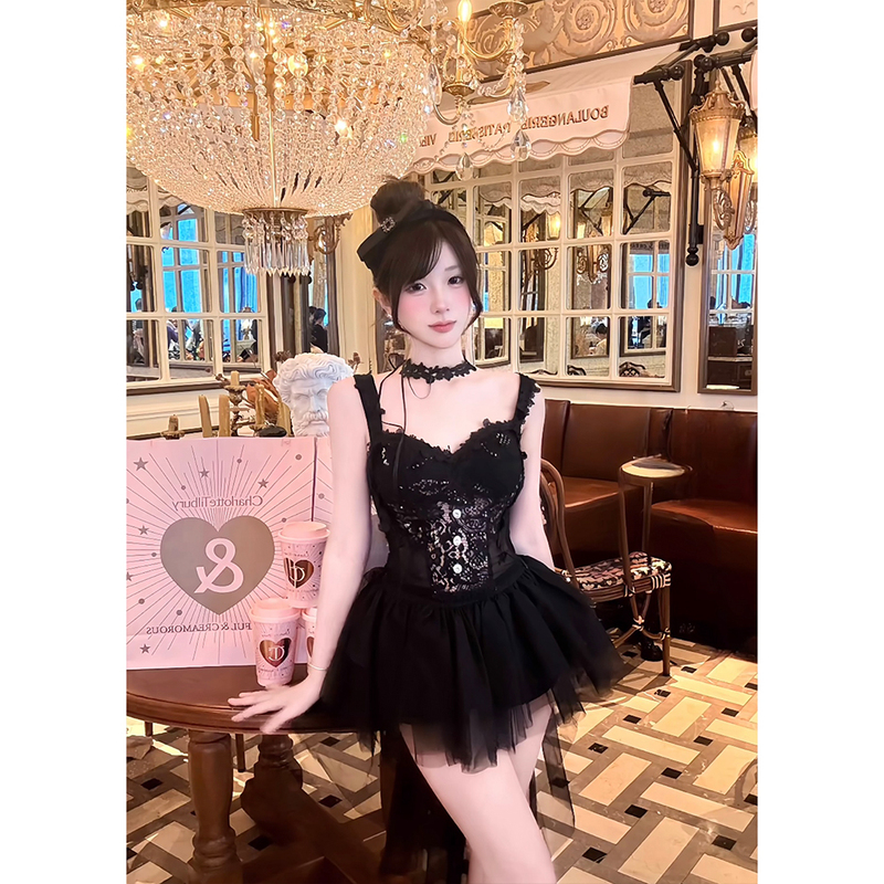Hot Girl Style Sexy Dark Vest Lace Top Slim Skirt Tutu Skirt Mesh Trailing Skirt Set