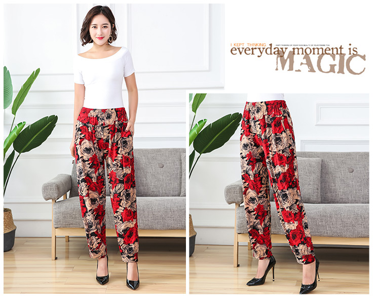 Trung niên và cũ mỏng băng lụa mẹ váy in đèn lồng quần đàn hồi eo mặc quần âu chín quần mùa hè đầm nữ trung niên