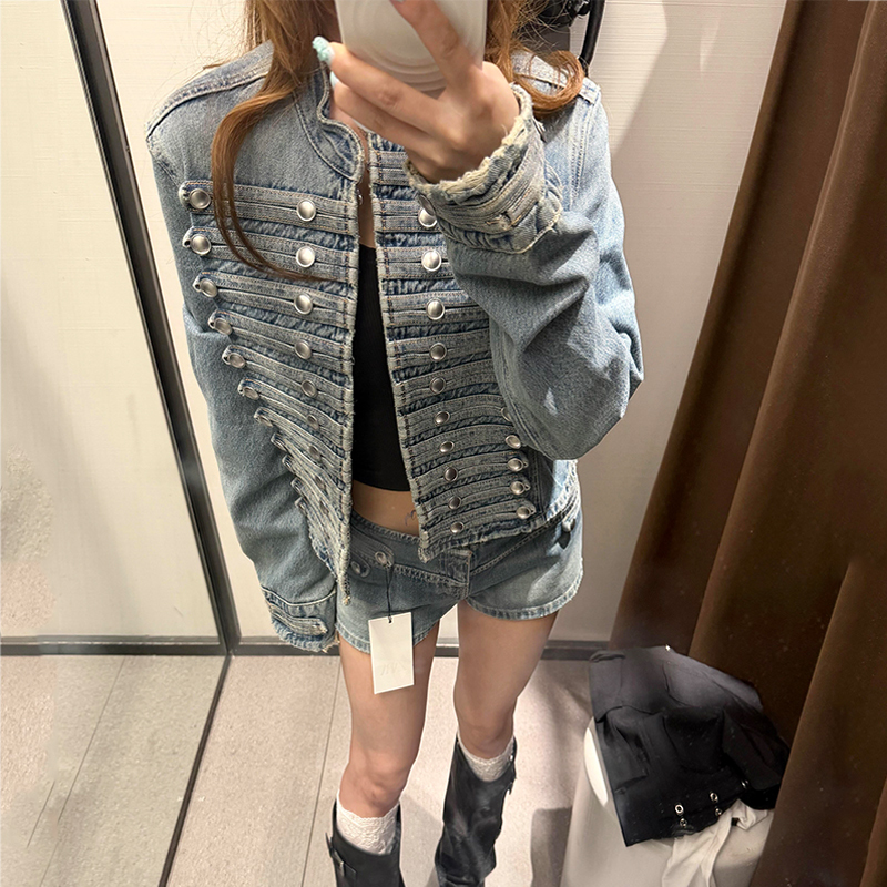 Autumn Vintage Washed Short Metal Double-Breasted Napoleon Denim Jacket for Women, Autumn Niche Design Jacket
