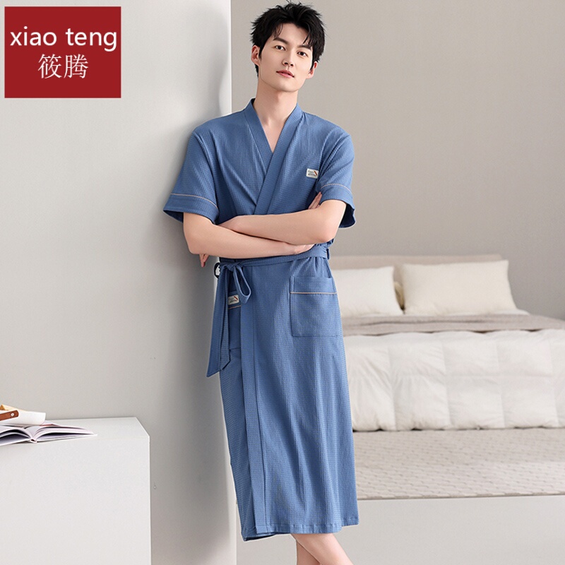Pure Cotton Short-Sleeved Pajamas for Men, Men's One-Piece Pajamas, Men's Plus Size Plus Size Youth Summer Bathrobes