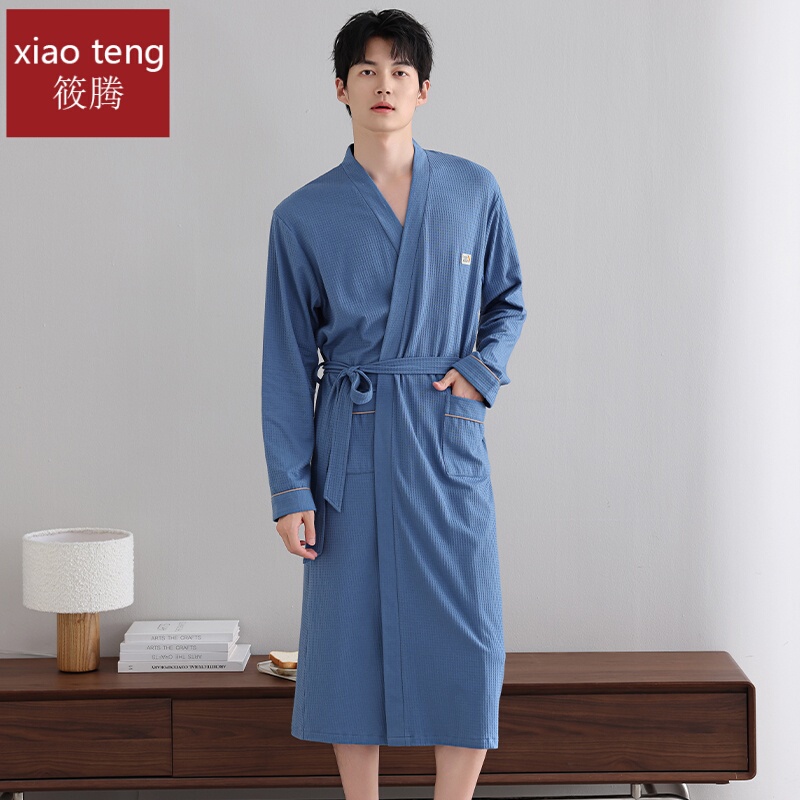Men's All-In-One Bathrobe, Men's 2025 New Style, Pure Cotton, Spring and Autumn Waffle Bathrobe, Suitable for Wearing after Bathing, All-Season Style