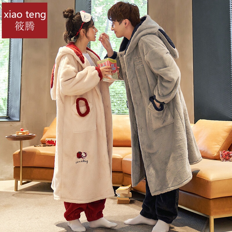 Coral Velvet Nightgown Couple's Pajamas, One for Men and One for Women, Home Wear, Autumn and Winter Thickened Fleece Bathrobe, Flannel