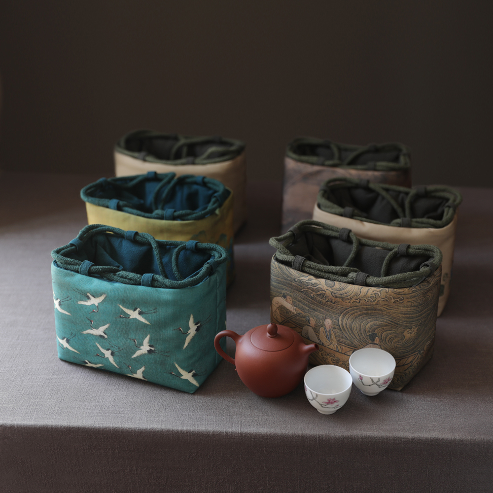 Spring Clay Ancient Painting Thickened Cotton Cloth Containing Travel Bag Cloth Bag Tea Tea Leaves Jar Teapot Tea Cup One Pot of Two-Cloth Bag