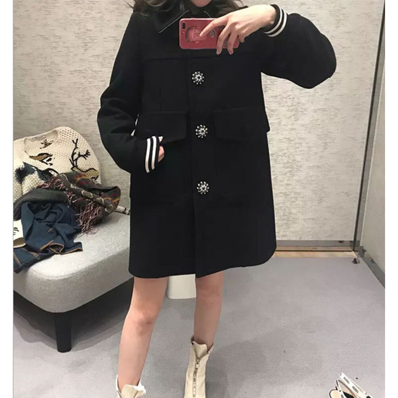 [Tiền gửi] 2018 mùa thu mới của phụ nữ Hàn Quốc phiên bản của màu đen mỏng chic retro dài áo len áo khoác dạ kẻ caro dáng ngắn