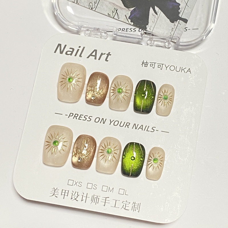 Spring and Summer Olive Green, Dark Green, Golden Spring Day Fresh Magic Crushed Diamond Forest Style Cool Nail Art Pieces, Purely Handmade Wearable Nails