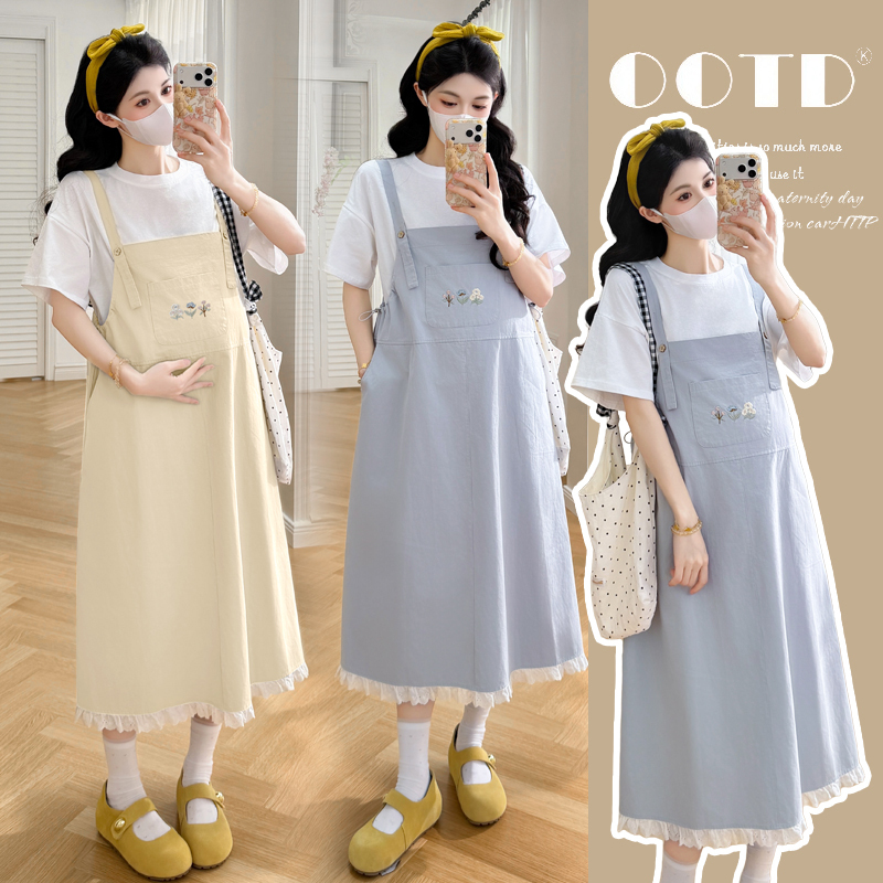 Plus-Size Maternity Summer Outfit New Style Suspender Dress Elegant Age-Reducing Short-Sleeve T-Shirt Dress Two-Piece Set 100kg Trendy