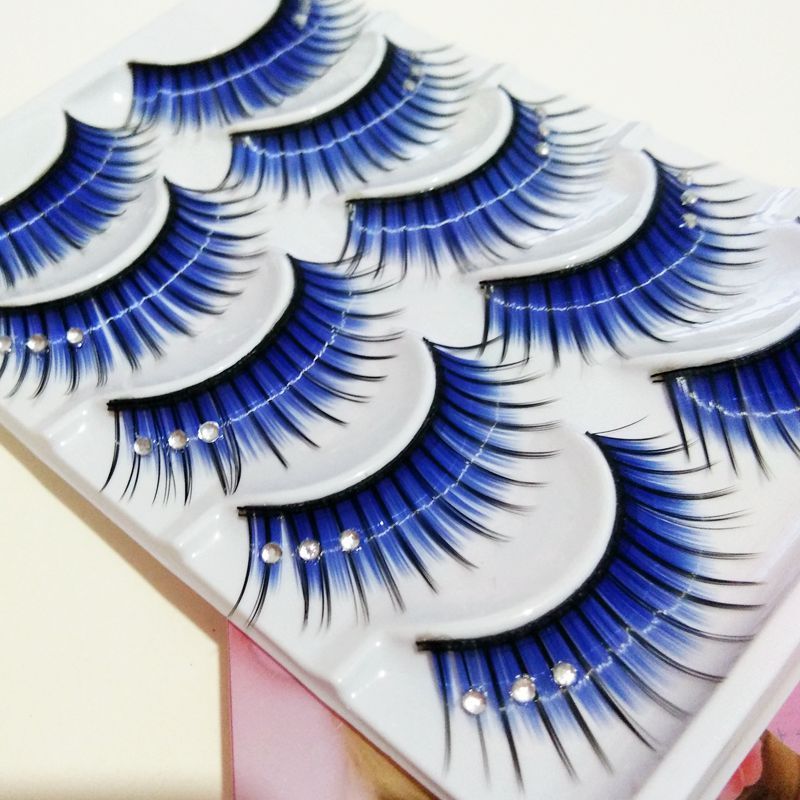 Blue color natural false eyelashes Rhinestones exaggerated eyelashes show stage 5 pairs of eyelashes 2 boxes send glue
