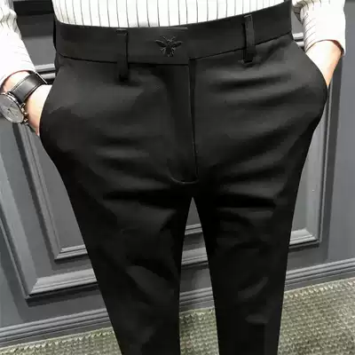 2021 new men's trousers black embroidery Korean slim youth handsome small feet casual pants men's trousers tide