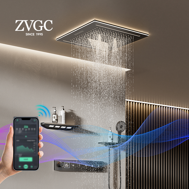 Zvgc High-End Ceiling-Mounted Shower Set with Music Ambient Light, Digital Display, Copper Minimalist Hidden Wall-Mounted Design
