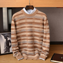 2020 autumn and winter New 100% pure cashmere sweater mens round neck heavy padded color clip flower colorblock sweater knitted