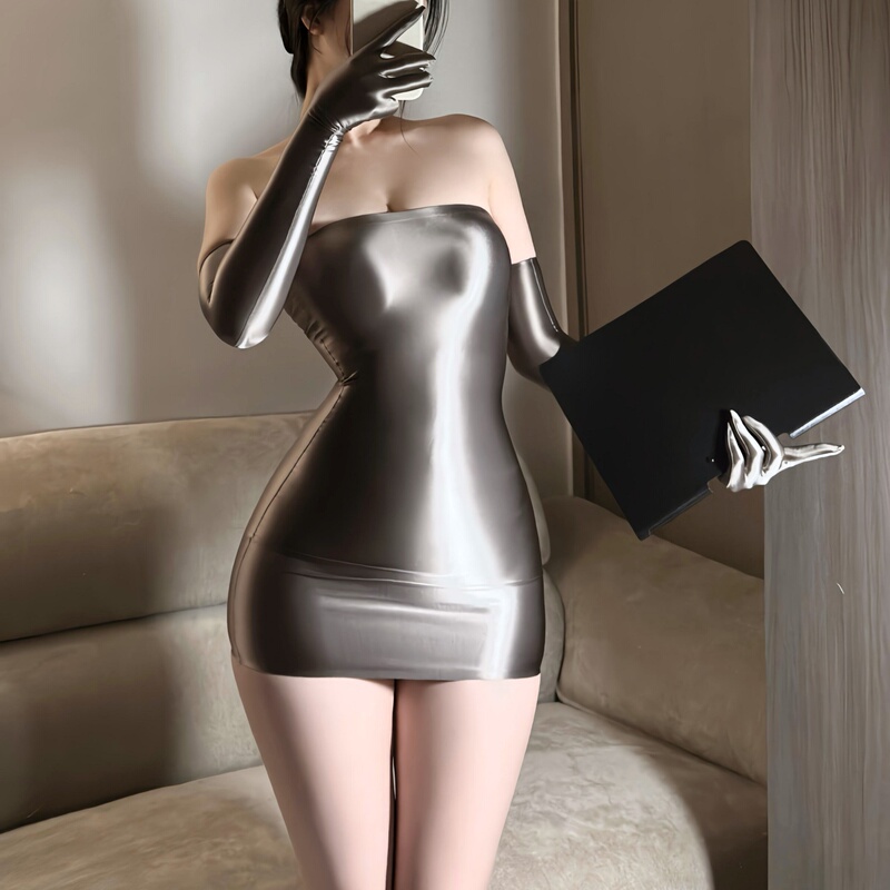 Hot Girl Diary Cl'Hunter' Glossy Tube Top Dress Ultra Short Tight Stainless Steel Bodycon Skirt with Gloves for Women Hot Girl Diary Cl'Hunter' Glossy Tube Top Dress Ultra Short Tight Stainless Steel Bodycon Skirt with Gloves for Women
