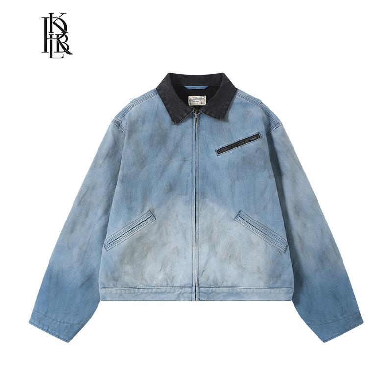 Blue Cloth House 15oz Heavy Vintage Washed Lapel Detroit Jacket Men's Zipper Coat Krbljkt678