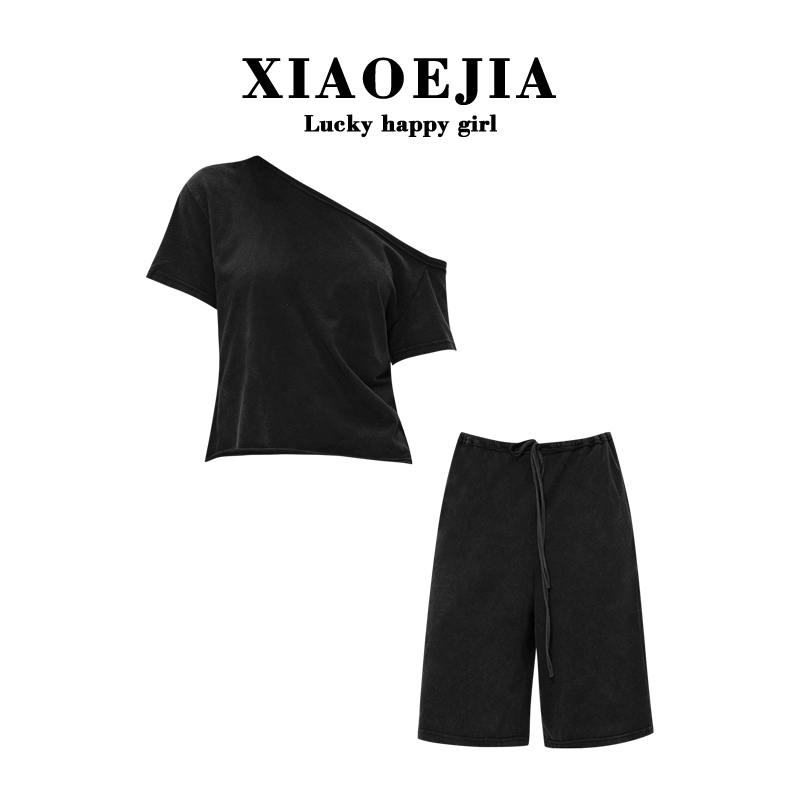Xiaoejia【Dog Walking Outfit】Skin-Friendly, Comfortable, Natural Rolled Hem, Elastic Waist Mid-Length Pants, T-Shirt Halter Neck Set