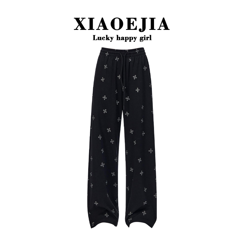 Xiaoejia Cross-Patterned All-Over Print Spring and Summer Lightweight, Soft, Relaxed-Fit Loose Straight-Leg Pants