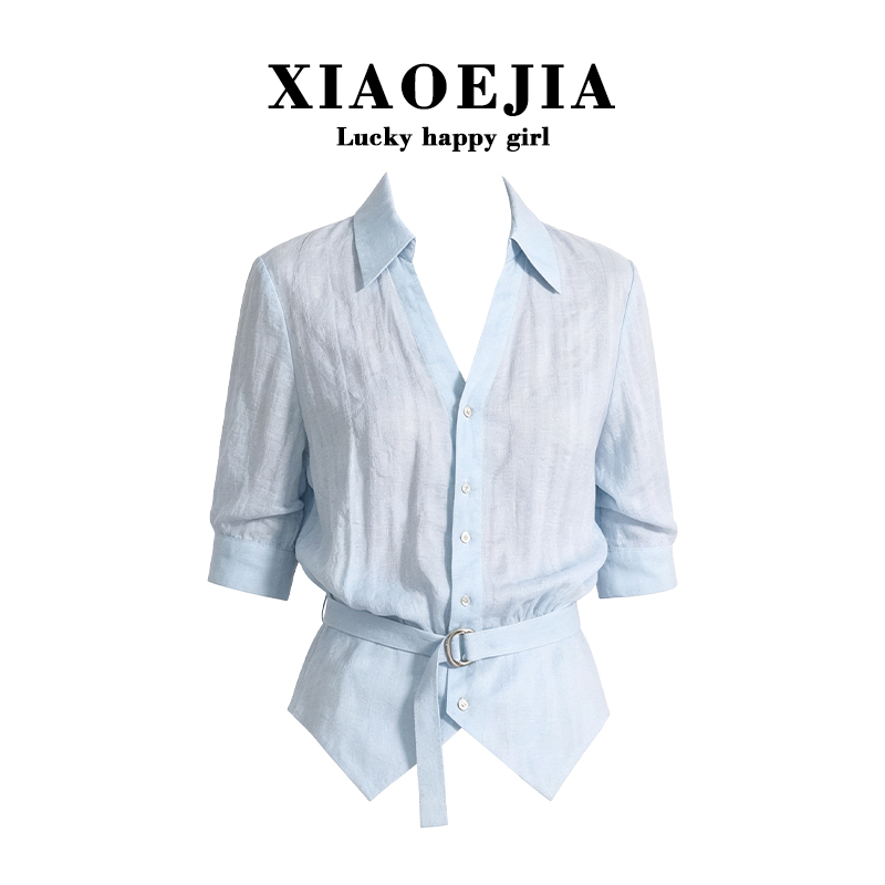 Xiaoejia【Mirror Listening】Gentle Commuting Style Lace-Up Blue Shirt for Women, Casual Versatile Top