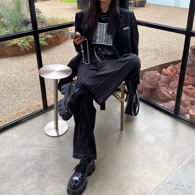 (La lune Du Ciel) LLDC black stitching suit pants women's loose straight casual pants pants