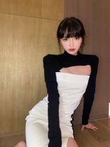 (La lune Du Ciel) LLDC blockbuster niche special stitching leather fashion two-piece suit for women