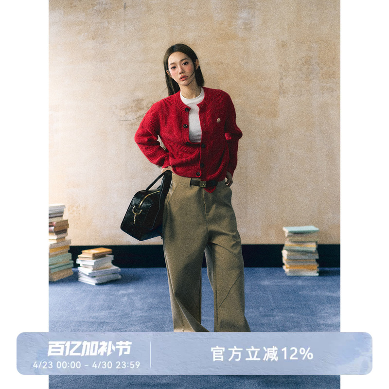 Laluneduciel Original Lazy Style Retro Red Cardigan Sweater for Women Autumn and Winter New Year Knitwear Inner Top