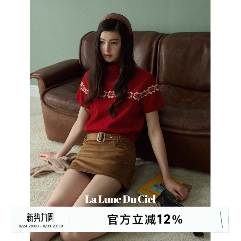 [Celebrity Style] Laluneduciel Wool Red Fair Isle Knitwear Korean Style Short Sleeve Sweater